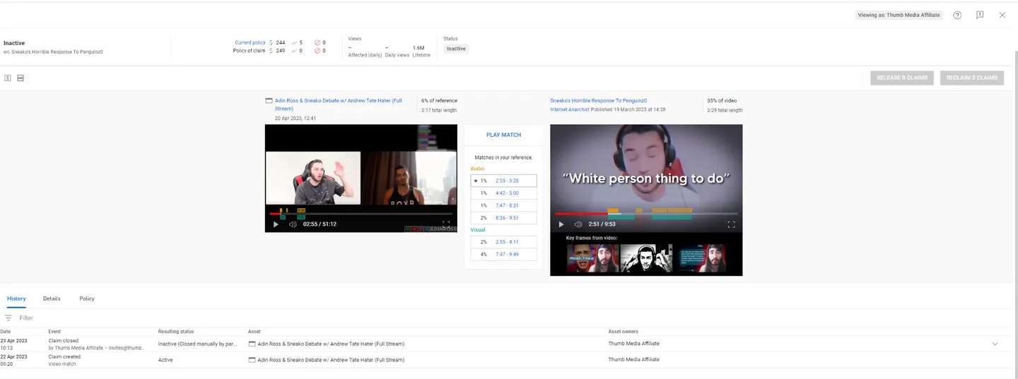 YouTube Content ID match details for the Internet Anarchist video: the claim was created on 22 April 2023 and released on 23 April 2023