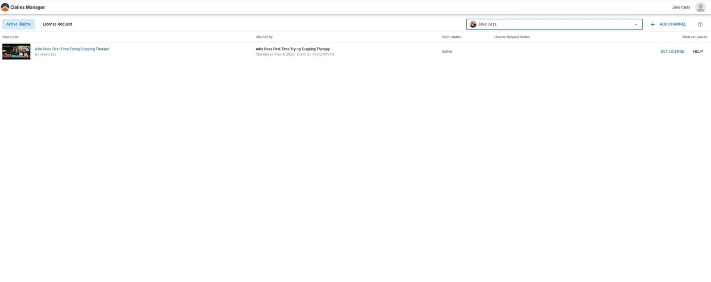 The Aegis Claims Manager showing an active claim on an Adin Ross video, with a Get License button