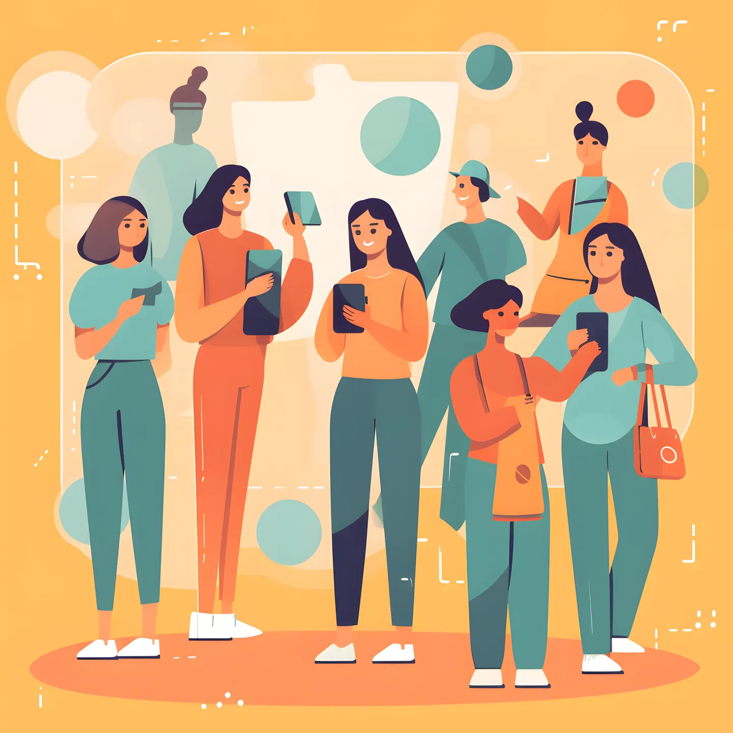Illustration of a group of young people smiling at their phones and tablets