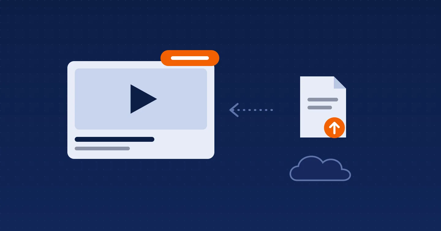 Eine Videokarte mit einem orangefarbenen Abzeichen und eine Datei mit einem Upload-Pfeil, die sich aus einem Cloud-Speicher darauf zubewegt