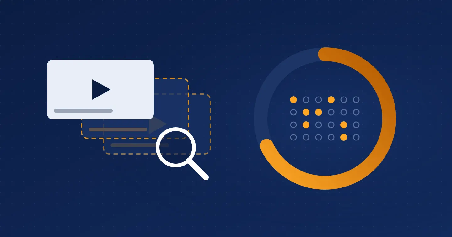 A video thumbnail with two dashed copies behind it under a magnifying glass, next to an orange score ring around a grid of indicator dots, some lit