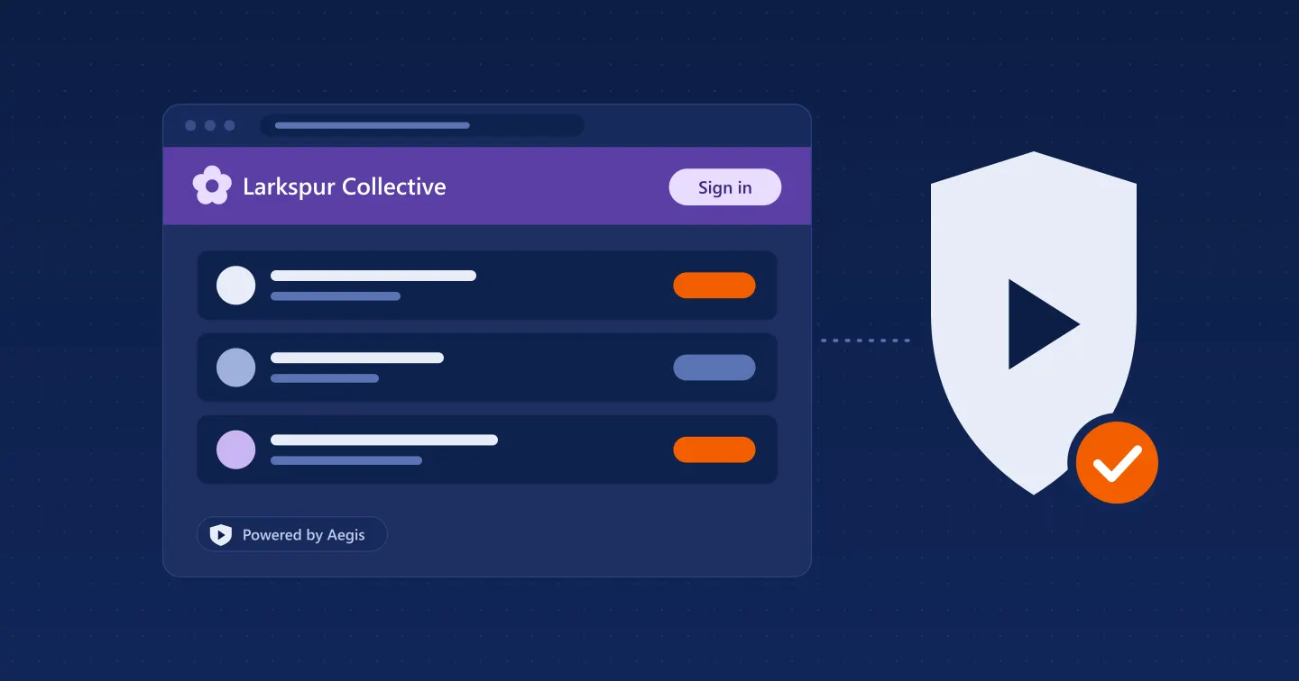 A sign-in portal for a fictional partner, Larkspur Collective, in purple with a list of creators and a Powered by Aegis badge, joined by a dotted line to a shield with a play button and an orange check mark