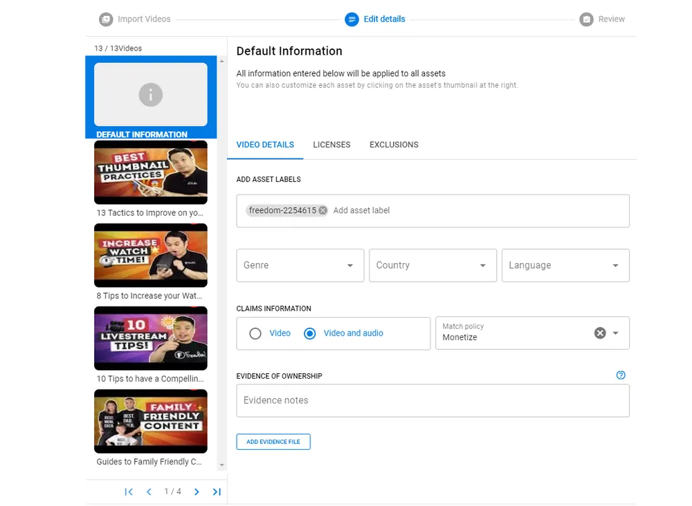 Asset-Details mehrerer Videos gleichzeitig in Aegis bearbeiten