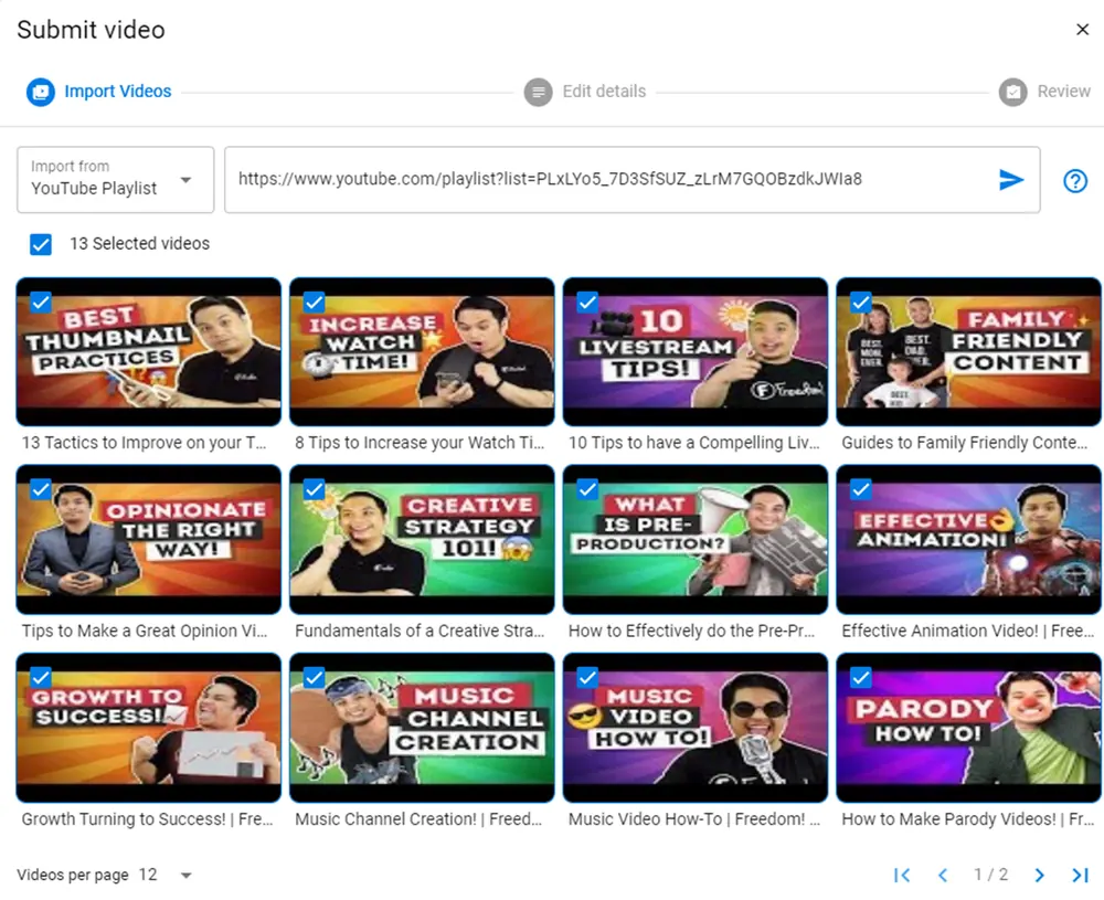Der Aegis-Dialog zum Einreichen von Videos beim Import einer YouTube-Playlist